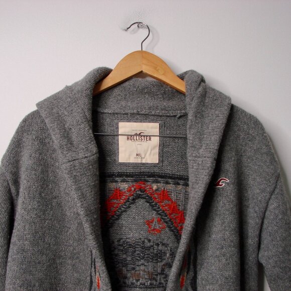 Hollister Gray Lamb Wool Cardigan Sweater Aztec Southwestern Bear Medium Large - Picture 2 of 13